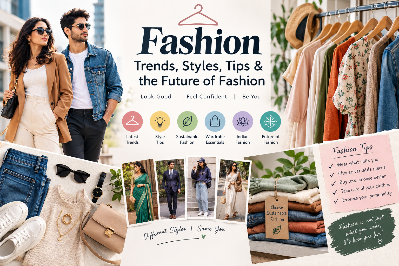 Fashion trends, modern styles, sustainable clothing, Indian fashion, wardrobe essentials, and stylish outfits showcasing contemporary fashion.